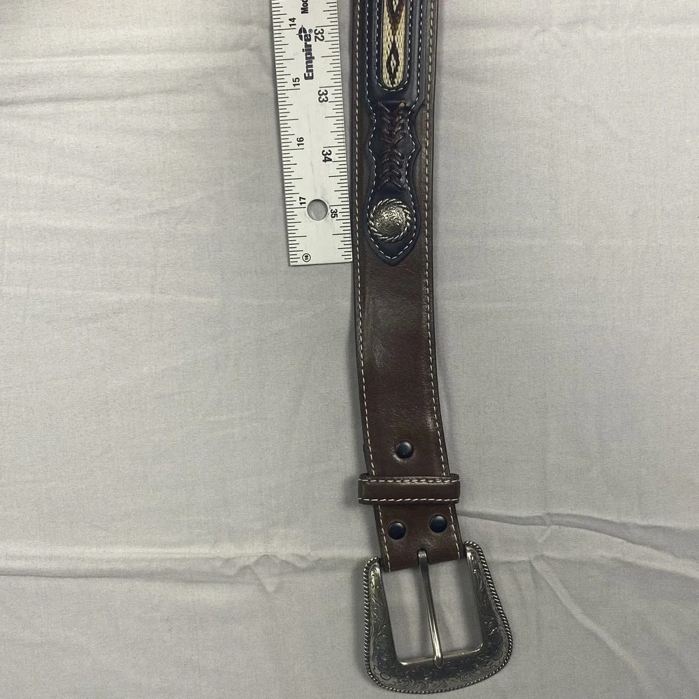 Western Tooled Genuine Leather Belt Men's Brown Engraved Buckle Cowboy 38 - 40 - Picture 11 of 15